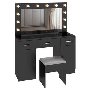 Large Lighted <b>Mirror</b> <b>Makeup</b> Vanity Desk Set with 3 Drawers 2 Cabinets Wood Top Vanity Table for Dressing Power Outlet Included - Product Image 4