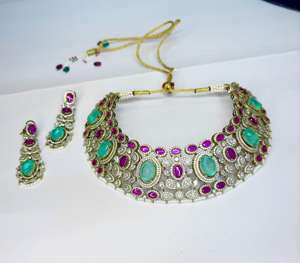 Mint Green & <b>Ruby</b> Pink Doublet Stone Choker <b>Necklace</b> Set Designer CZ Statement Jewelry Traditional Indian Bridal Jewelry - Product Image 6