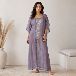 Robe longue kaftan mauve pour femme avec panneau transparent et bordure brodée, légère, style bohème, pour la plage, les vacances, décontractée, tunique longue de plage ou de resort - Product Image 3