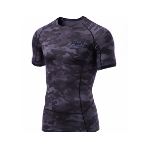 เสื้อแรชการ์ดแขนสั้นผู้ชาย ลายพราง แห้งเร็ว เสื้อกีฬา สีดำลายเทา โลโก้ด้านหน้า ชุดกีฬา - Product Image 1