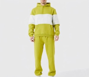 Chándal con Capucha para Hombre, Color Verde Lima, con Bloques de Color, Manga Larga, Sudadera Informal con Bolsillos Laterales, Corte Regular, Ropa de Otoño - Product Image 1
