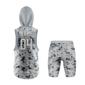 Custom Sublimated Camouflage Hooded Tank Top and <b>Compression</b> <b>Shorts</b> Set for Adults Unisex Quick Dry Athletic Wear - Product Image 2