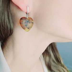 Carved Natural Baltic Amber Heart Earrings Large Teardrop Silver Chunky <b>Drop</b> Gemstone Jewelry Gift For Women - Product Image 2