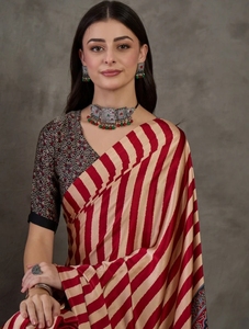 Sari de Mezcla de Seda con Estampado Digital a Rayas Estilo Bollywood KV - Product Image 2