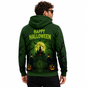 Sudadera con Capucha Personalizada Verde de Halloween con Diseño de Castillo Encantado y Calabaza, Unisex, Sublimada, Estilo Gótico, de Poliéster, Ropa Urbana - Product Image 4