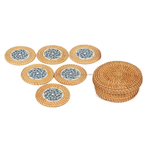 Juego de seis posavasos redondos de madera de mango natural con diseño de botones elegantes alfombrillas y almohadillas naturales - Product Image 3