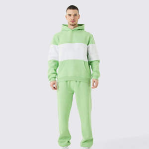 Custom Men Unisex Heavyweight Cotton Fleece Hooded Tracksuit Color Block Jogger <b>Set</b> 2 Piece Oversized Sweatshirt <b>Sweatpants</b> <b>Set</b> - Product Image 1