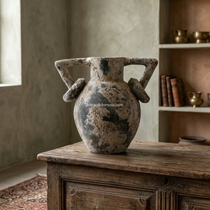 Apuntar Rustic Distressed Charcoal Grey <b>Ceramic</b> Amphora <b>Vase</b> Handcrafted Earthenware Ring Handle Jar Decorative Tabletop <b>Vase</b> - Product Image 2