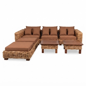 Outdoor Rattan Woven Sofa Set Mahogany Wood Frame Wicker Furniture Ksvw Cushion Lounge Sofa Coffee Table Setup Art Design - Product Image 1