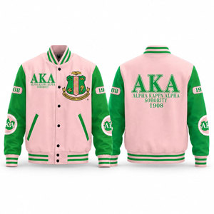เสื้อแจ็คเก็ต Letterman ของ Aka Greek Apparel College สำหรับฤดูหนาว สีชมพู/เขียว เสื้อแจ็คเก็ตเบสบอลแบบ Varsity สั่งทำพิเศษ พร้อมปกตั้งและกระดุม - Product Image 1