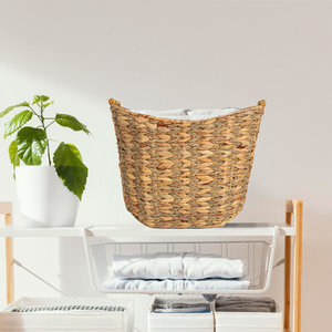 Handmade Water Hyacinth Scoop <b>Basket</b> with <b>Bamboo</b> Handle Woven Storage Bin - Product Image 1
