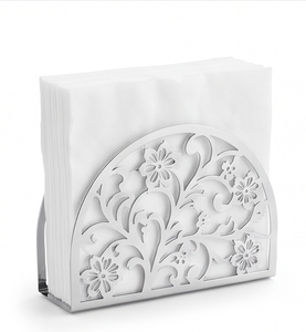 Porta pañuelos metálico floral, color plateado, diseño independiente para almacenamiento en mesa, uso doméstico y hotelero. - Product Image 1