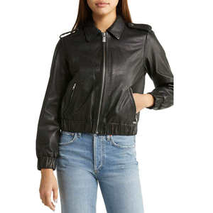 Blouson bomber en cuir PU noir, coupe ajustée, col rabattu, fermeture éclair, couleur unie, style automne, unisexe - Product Image 1