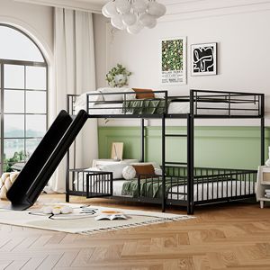 Black Full-Size Metal Bunk <b>Bed</b> <b>with</b> <b>Slide</b> and Guardrails Kids' <b>Beds</b> - Product Image 1