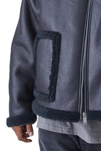Men's Black <b>Shearling</b> Leather <b>Jacket</b> Winter Aviator <b>Bomber</b> with Fur Collar Buckle Straps and Warm Fleece Lining - Product Image 5