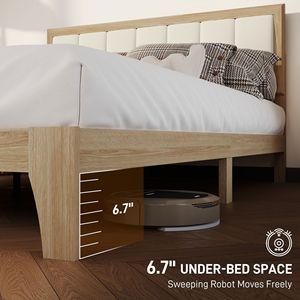 Struttura letto matrimoniale con testiera imbottita, base letto a piattaforma con doghe in legno, nessuna rete a molle necessaria, facile montaggio, stile naturale - Product Image 5