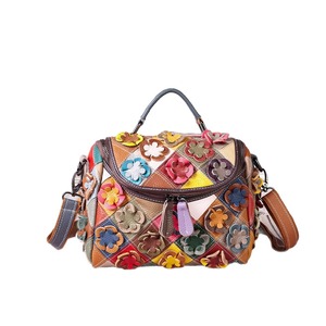 Ando Bag Genuine Cowhide <b>Leather</b> Floral Patchwork <b>Handbag</b> for Women <b>Small</b> Top Handle Shoulder Bag - Product Image 2