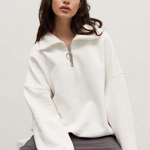 Premium Grey custom Women Half Zip Sweatshirt Oversized Drop Shoulder Slouchy Pullover Mock Neck Track <b>Jacket</b> Apparel OEM ODM - Product Image 3