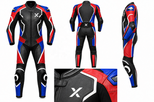 Combinaison de moto en cuir une pièce X Racing |   Noir Rouge Bleu |   Fabricant OEM ODM |   Qualité de conception haut de gamme |   Vêtements de course - Product Image 6