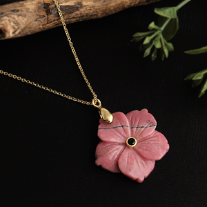 Wholesale jewelry flower carved rhodonite <b>with</b> black cz accent pendant necklace 18k gold plated fashion chain brass necklace - Product Image 3