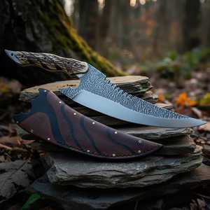 Couteau utilitaire en acier Damas, lame à pointe traînante, manche en bois, étui en cuir de vachette, longueur totale 6,7 pouces, qualité DIY, pointe tranchante - Product Image 1