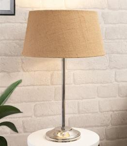 Modern Table Lamp With Beige Fabric Drum Shade Stainless Steel Base Warm White <b>Light</b> For Bedroom Decorative <b>Lighting</b> - Product Image 1