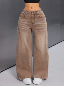 Pantalon en jean taille haute à jambe large, marron délavé, coupe ample, longueur intégrale, en coton, style décontracté, fermeture boutonnée, bords effilochés - Product Image 3
