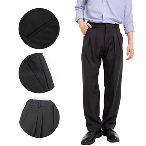 Men's Black Pleated Formal Trousers High Waist Straight Fit Anti-Wrinkle Polyester <b>Wool</b> Blend Autumn Wear - Product Image 1