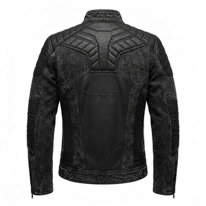 Blouson Moto Vintage en Jean Noir Vieilli pour Homme avec Patchs en Cuir Coupe Slim Vêtement Décontracté pour la Conduite - Product Image 2
