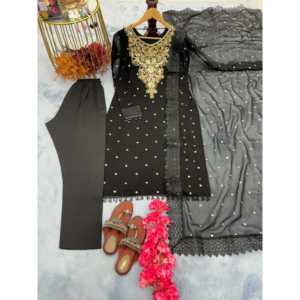 Vestido de noche bordado de diseñador-Ropa de fiesta Top Bottom Dupatta con trabajo de secuencia - Product Image 1