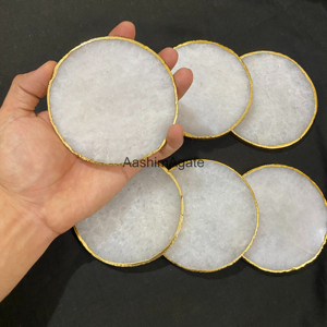Natural White Quartz <b>Coasters</b> with Golden Edge Polished Stone Drink <b>Coasters</b> Luxury Home Décor Wholesale - Product Image 3