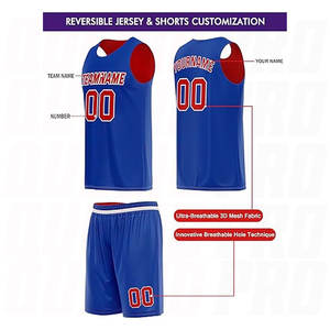 Tenues de basketball rouge et bleu en tissu respirant, impression numérique par sublimation, ensemble personnalisé avec maillot et short - Product Image 2