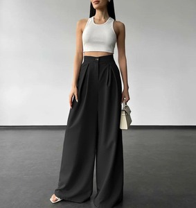 Women's High Waist Wide Leg Palazzo Pants Elegant Breathable 100% Polyester Pleated Front Loose Fit Customizable <b>Trousers</b> - Product Image 4