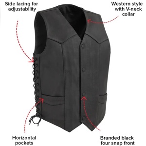Chaleco de Motociclista de Cuero Genuino Estilo Occidental Negro para Hombre con Cordones Laterales Ajustables y Bolsillos Ocultos - Product Image 3