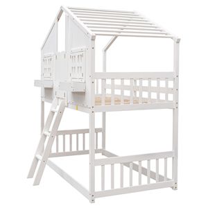 Letto a castello bianco a due piazze con finestra sul tetto, porta a cassetta, sponde di sicurezza e scaletta per bambini - Product Image 4