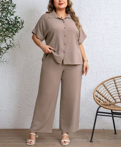 Women 2-Piece Set Solid Color Short Sleeve Top With Button Front Loose Fit Wide Leg Pants Casual Spring Summer Wear - Product Image 5