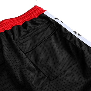 Men's <b>Black</b> MMA Shorts Red Waistband White Side Stripes Zipper Pockets Breathable Polyester <b>Combat</b> Sports Apparel - Product Image 3