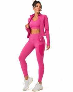 Pink 3 Piece Yoga Set Women's Scoop Neck Crop Top High Sports Bra Waist <b>Leggings</b> <b>Pockets</b> Seamless Spandex/Polyester <b>Workout</b> - Product Image 1