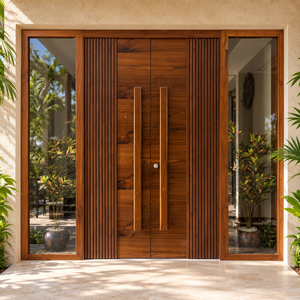 Puerta Doble de Entrada Clásica de Madera Sólida Minimalista para Villa, con Paneles Laterales de Vidrio y Diseño de Franjas Decorativas - Product Image 1