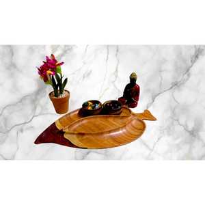 Natural Acacia Wood Serving Tray Irregular Shaped Snack Fruit Platter for Dining <b>Tables</b> Features <b>Plant</b> Pattern Asian Zen Design - Product Image 1