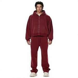 <b>Men's</b> Oversized <b>Burgundy</b> Hooded Zip-Up Fleece Sweatshirt Regular Fit Casual Solid Color Autumn Wear - Product Image 1
