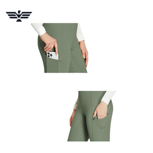 Pantalon d'équitation taille haute pour femme, longueur intégrale, vert olive uni, en Spandex et Polyester, respirant, taille élastique, avec poches - Product Image 2