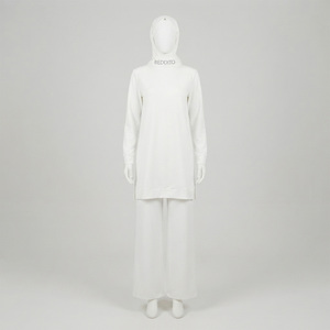 Women's White Hooded Long Sleeve Knitted Hoodies Islamic Modest Set Regular Fit Knee Length Solid Color Autumn Casual Pants - Product Image 1