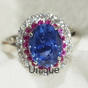 Bague halo en saphir bleu taille ovale avec accents de pierres roses et transparentes, style bohème, bijoux raffinés pour cadeau d'anniversaire pour femme - Product Image 2
