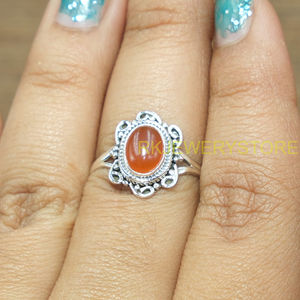 Anillo de Piedra Preciosa Cornalina Naranja Natural Hecho a Mano, Diseño Floral Vintage, Anillo Ajustable de Plata de Ley 925, Cabujón Ovalado - Product Image 4