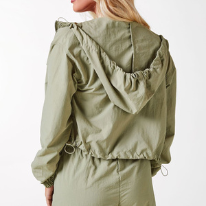 Olive Green Hooded Jacket Shorts <b>Set</b> Solid Color Casual Wear Breathable Summer Outfit for Women - Product Image 2