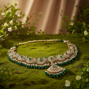 Conjunto de collar semibridal con cuentas Kundan chapadas en oro y piedra natural - Product Image 2
