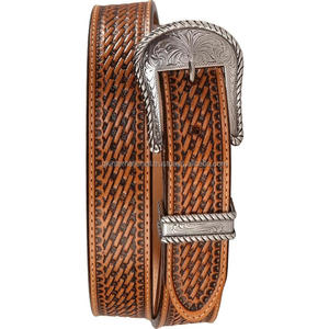 Hot Sell Basket embossed western <b>leather</b> <b>tooling</b> <b>belt</b> for unisex with stylish 3 piece matt silver floral engraved buckle - Product Image 5