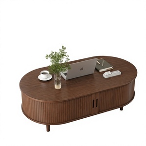 Table basse ovale moderne en bois, design mid-century, meuble de salon avec tiroir de rangement, finition brun foncé - Product Image 1