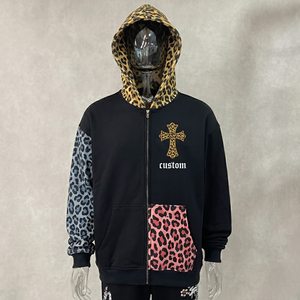 Custom Clothing Manufacturers French Terry Cotton 500gsm Heavyweight DTG <b>Print</b> <b>Leopard</b> <b>Print</b> Block Cropped <b>Hoodie</b> - Product Image 1